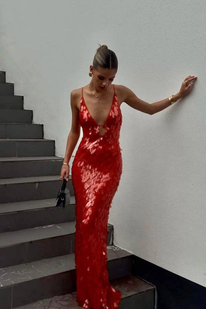 Selene – Sequin maxi dress with deep V-neck