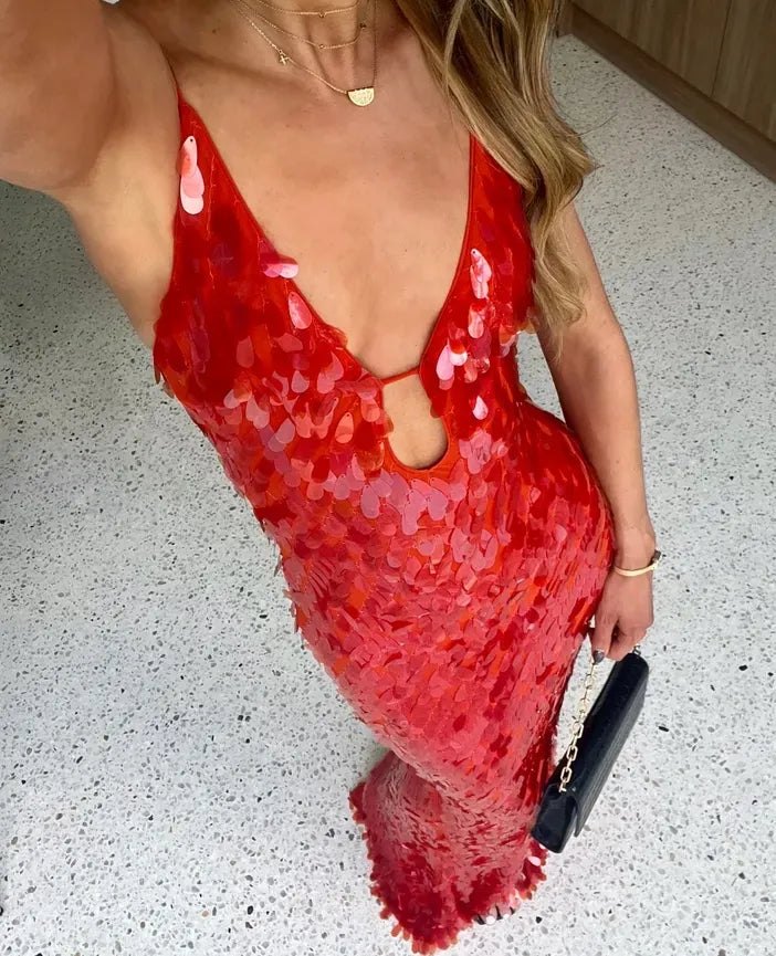 Selene – Sequin maxi dress with deep V-neck