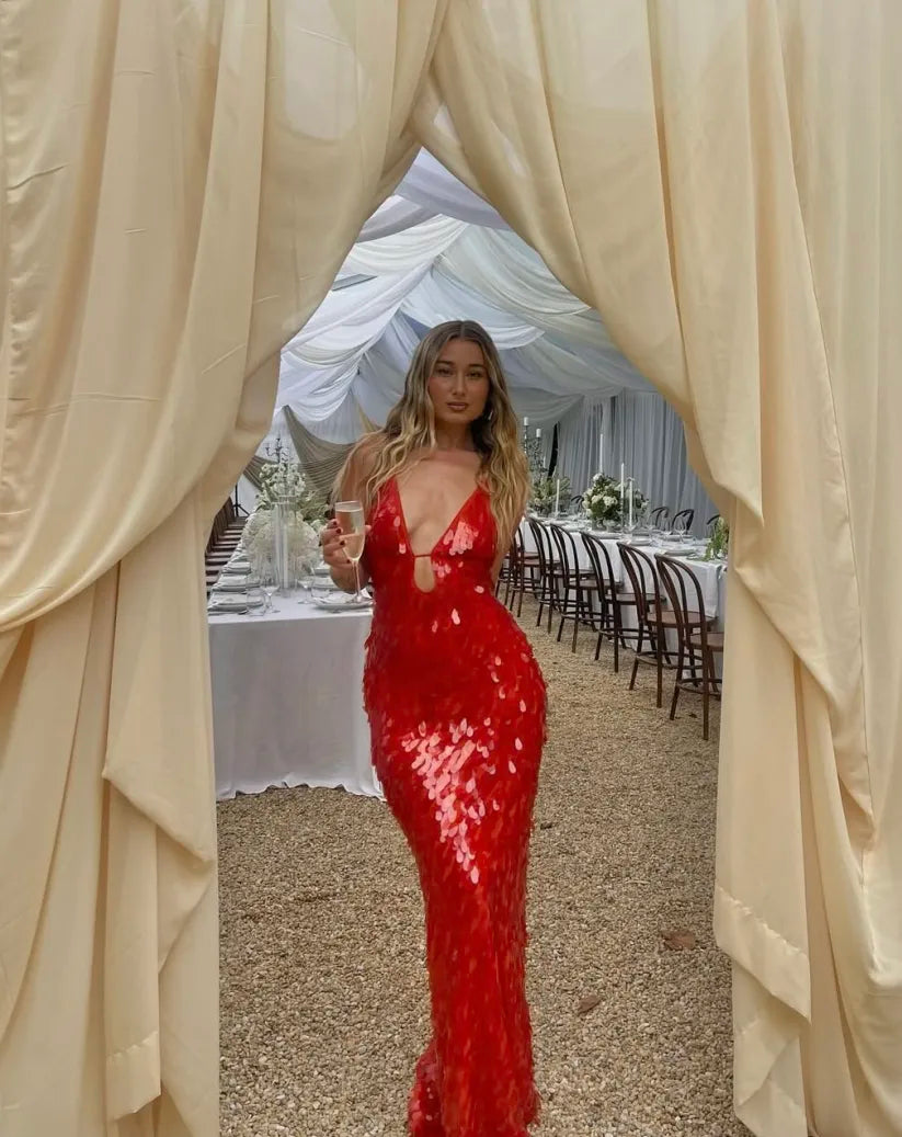 Selene – Sequin maxi dress with deep V-neck
