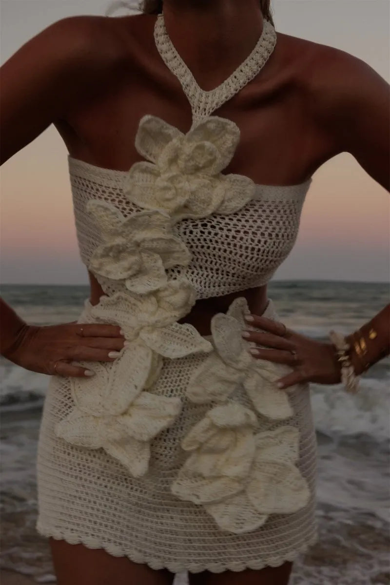Margaret | Halter Knitted Floral Mini Dress