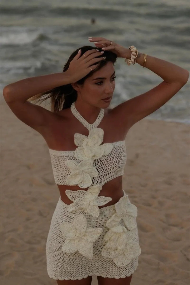 Margaret | Halter Knitted Floral Mini Dress